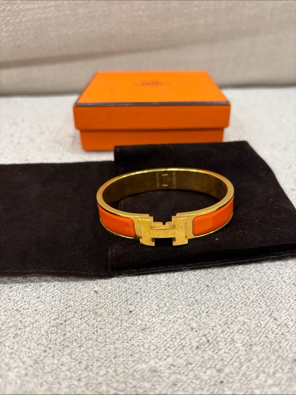 Hermes Orange Enamel 'H' Cuff Bracelet with Gold Hardware